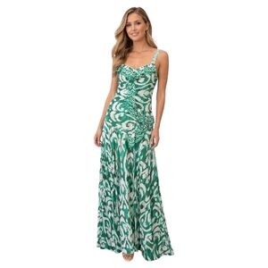 Alex Marie Green & White Ikat Lima Ruffle Maxi Dress – Size 12 – NWT